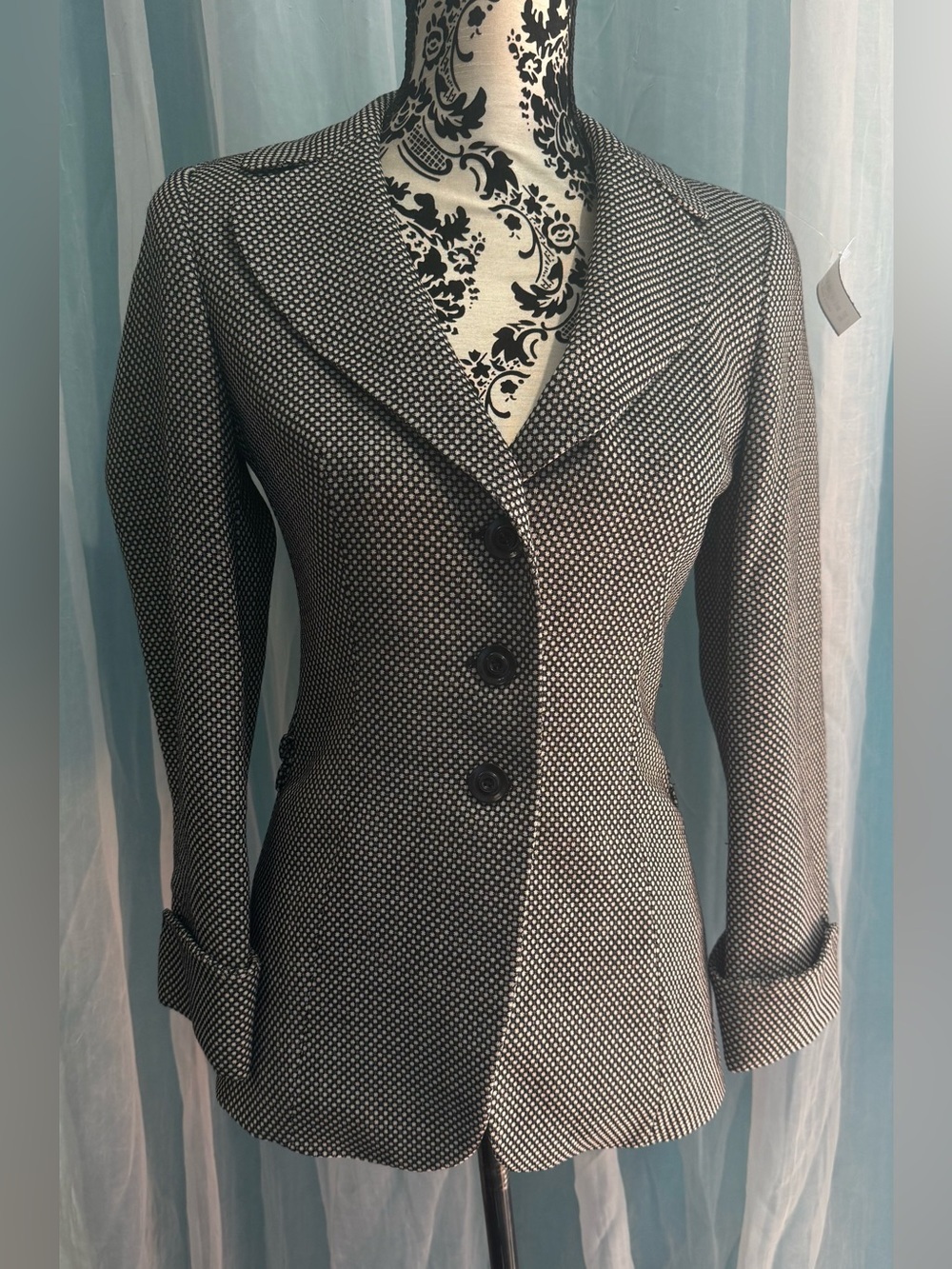 VTG Escada Black White Micro Pattern Blazer Jacket Textured Tailored sz-34